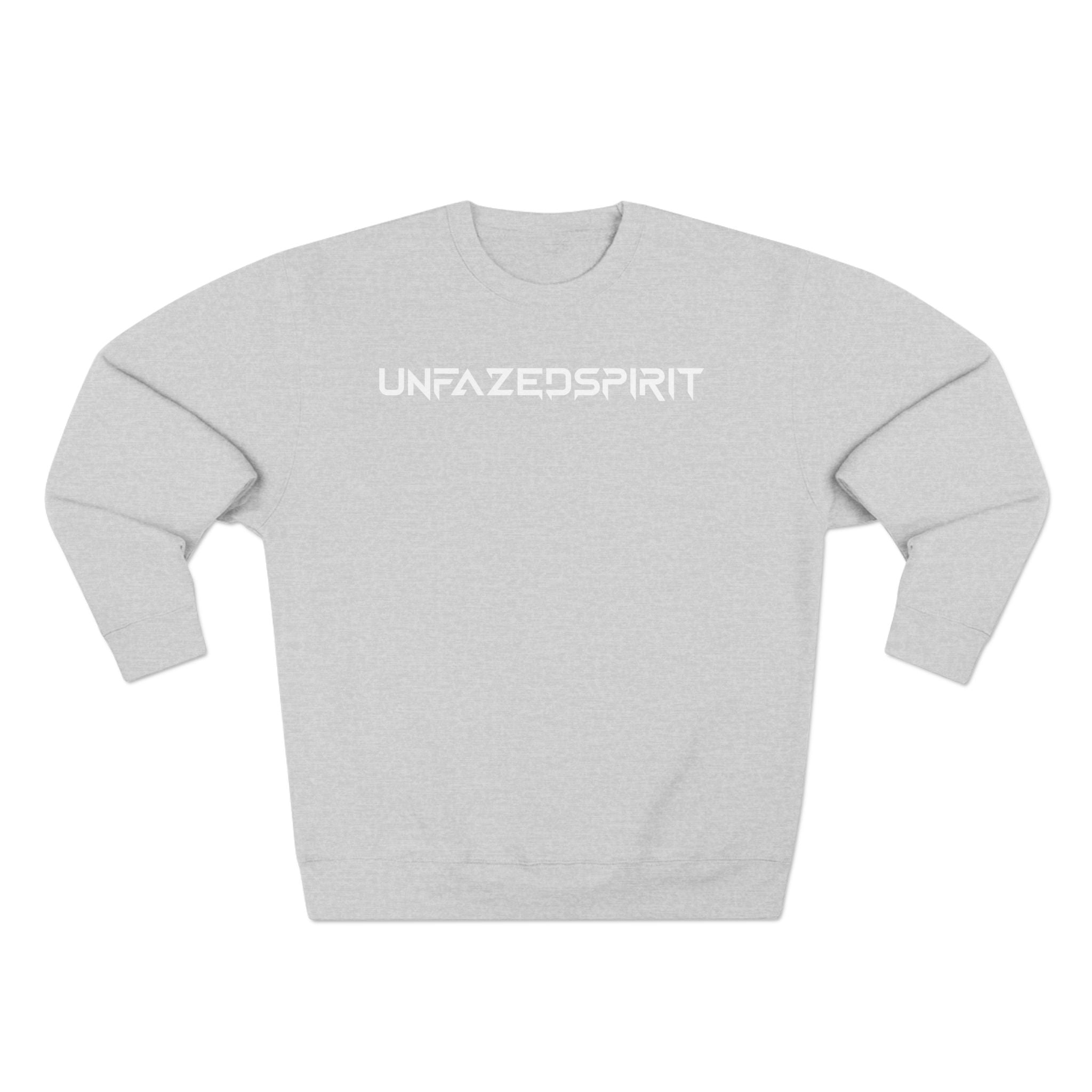 Model wearing the Amped Ignition Crewneck from Unfazed Spirit Athletics — unisex athletic sweatshirt with soft cotton blend and sleek streetwear design.